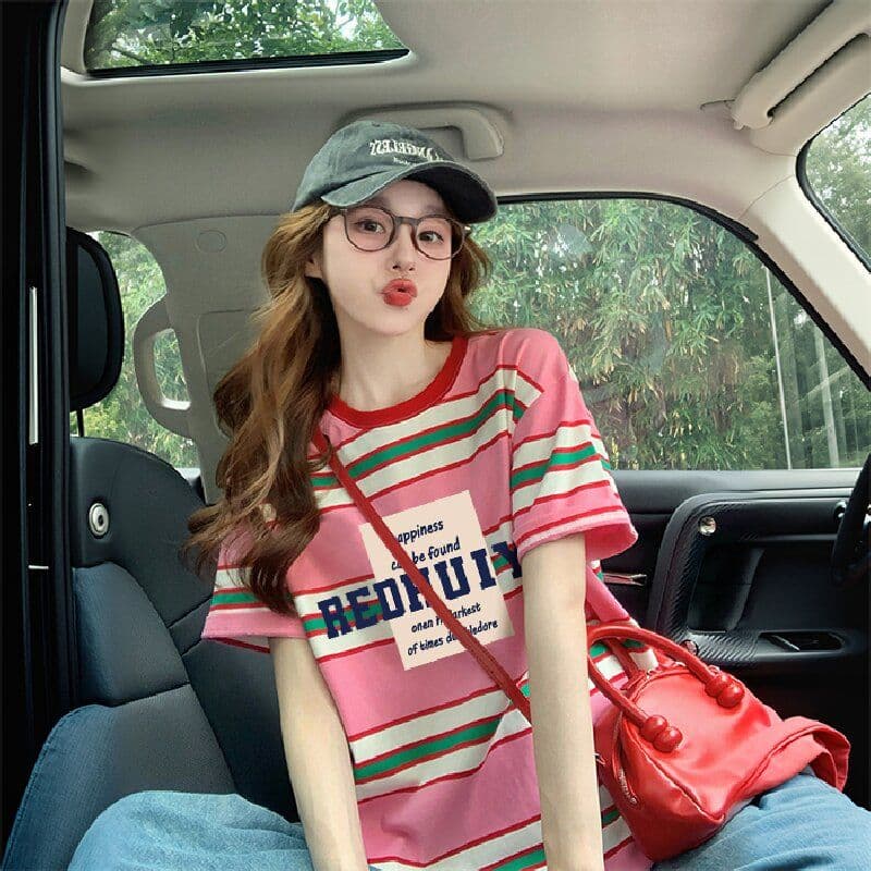 실사 95 면 5 암모니아 Lun 컬러 짜임 기사 이후 패키지 칼라 좋은 면 리브 칼라 순면 루즈핏 티셔츠 여성 이미지 3