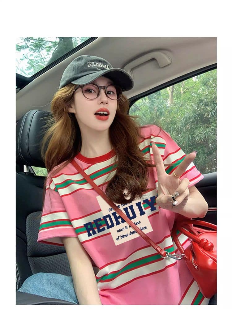 실사 95 면 5 암모니아 Lun 컬러 짜임 기사 이후 패키지 칼라 좋은 면 리브 칼라 순면 루즈핏 티셔츠 여성 상세 이미지 6