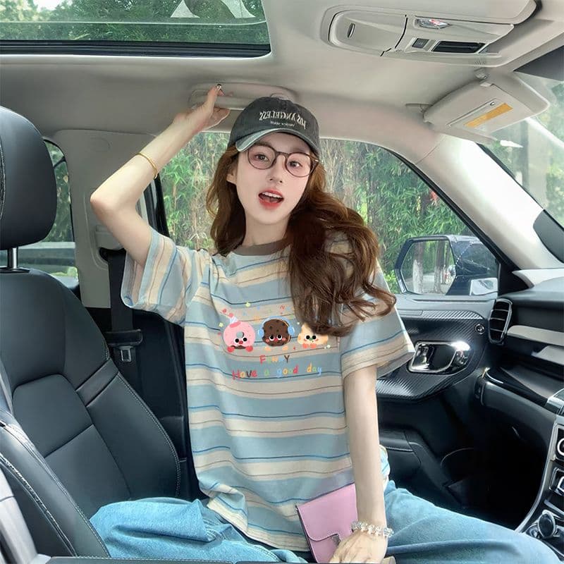 원본 컬러 짜임 기사 90 면 10 폴리 에스터 좋은 면 리브 칼라 이후 패키지 칼라 루즈핏 다용도 티셔츠 여성 이미지 3