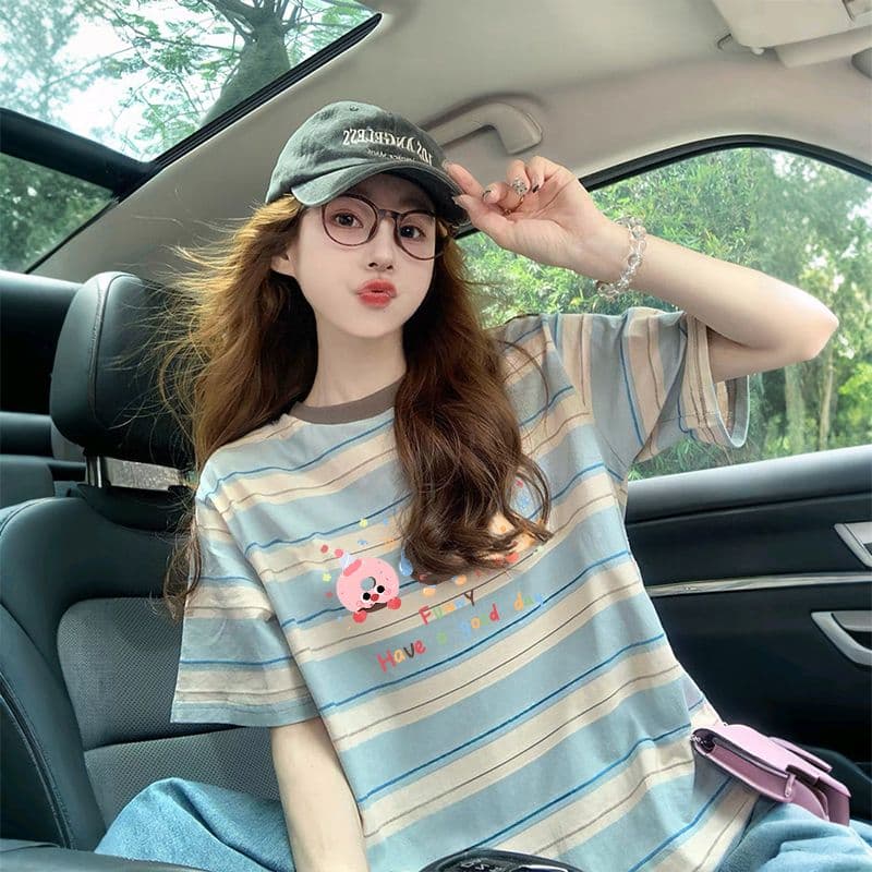원본 컬러 짜임 기사 90 면 10 폴리 에스터 좋은 면 리브 칼라 이후 패키지 칼라 루즈핏 다용도 티셔츠 여성 이미지 4