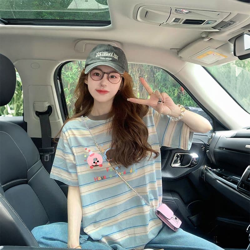 원본 컬러 짜임 기사 90 면 10 폴리 에스터 좋은 면 리브 칼라 이후 패키지 칼라 루즈핏 다용도 티셔츠 여성 이미지 2