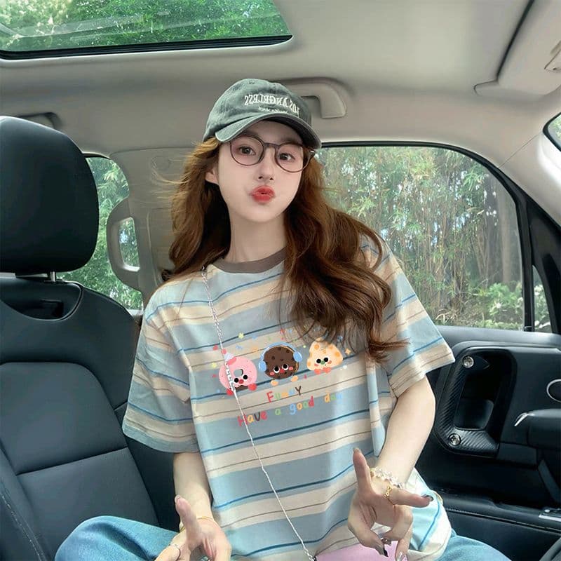 원본 컬러 짜임 기사 90 면 10 폴리 에스터 좋은 면 리브 칼라 이후 패키지 칼라 루즈핏 다용도 티셔츠 여성 이미지 5