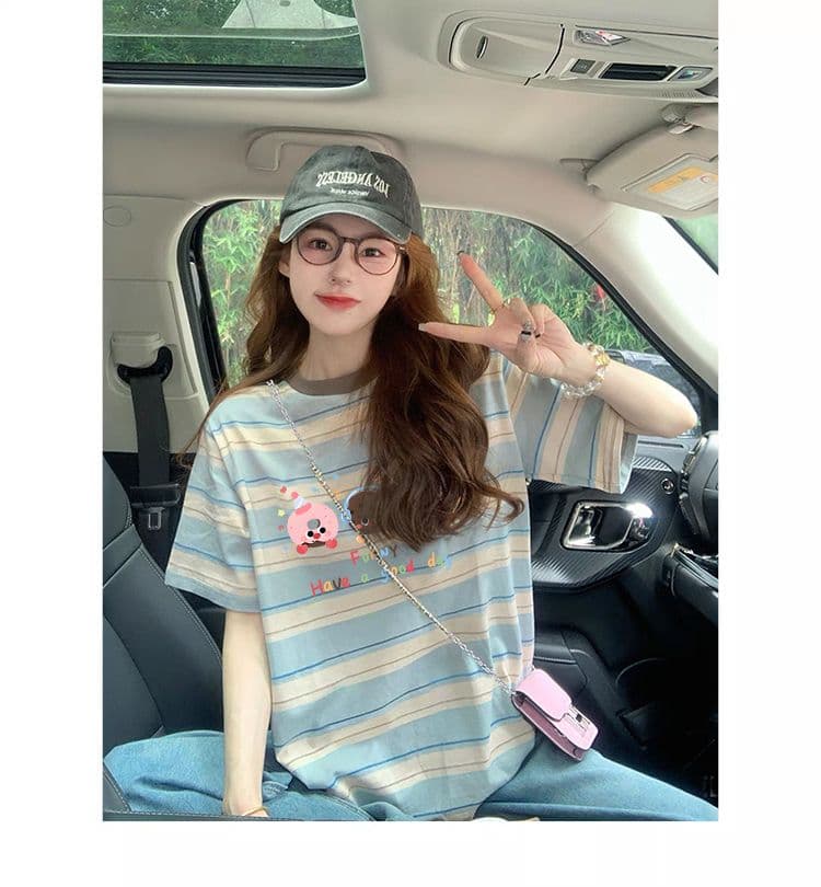 원본 컬러 짜임 기사 90 면 10 폴리 에스터 좋은 면 리브 칼라 이후 패키지 칼라 루즈핏 다용도 티셔츠 여성 상세 이미지 2