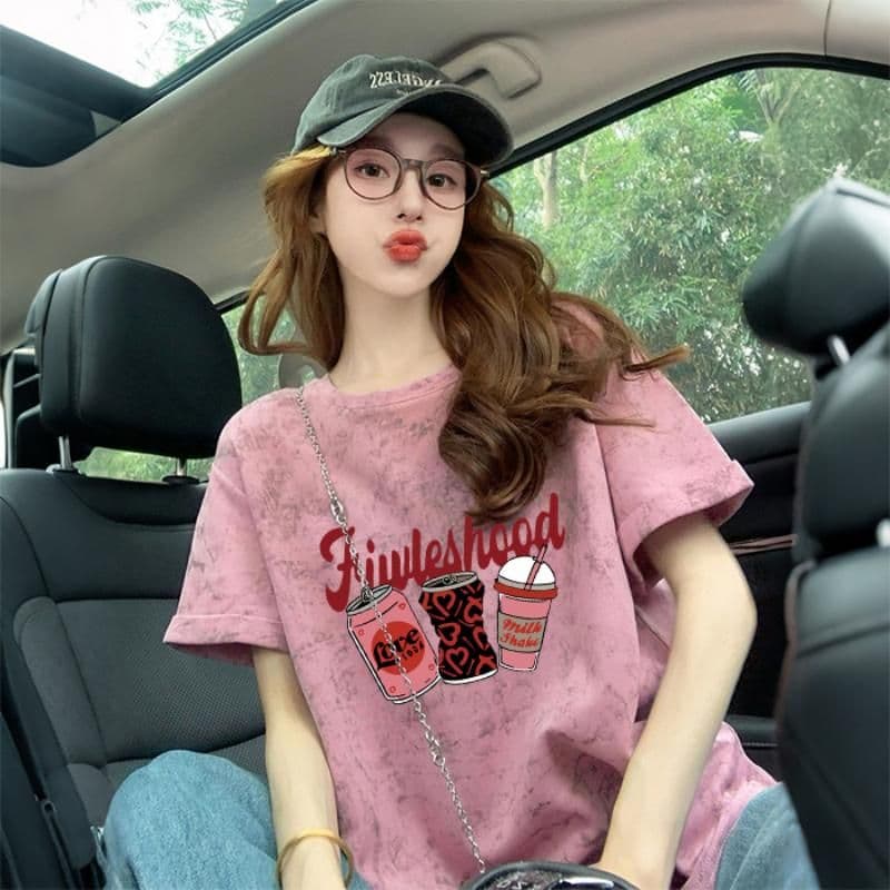 92 면 8 암모니아 Lun 이후 패키지 칼라 개성 홀치기 염색 디자인 센스 루즈핏 반팔 티셔츠 여성 슬림해 보이는 맨위 이미지 5
