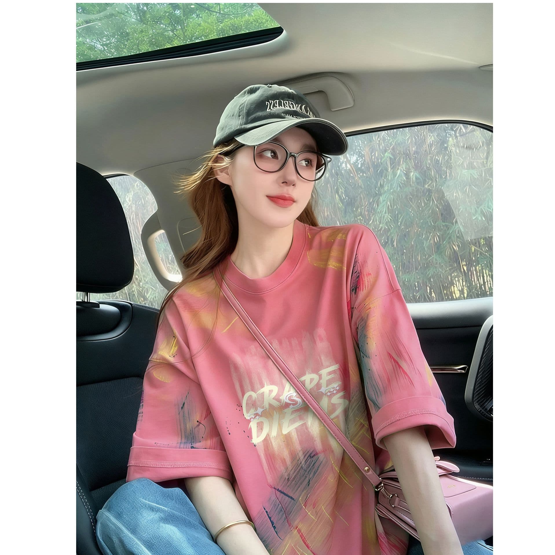순면 이후 패키지 칼라 홀치기 염색 중간 길이 티셔츠 여성 유럽 상품 외국 가스 프린트 대 에디션 루즈핏 맨위 이미지 4