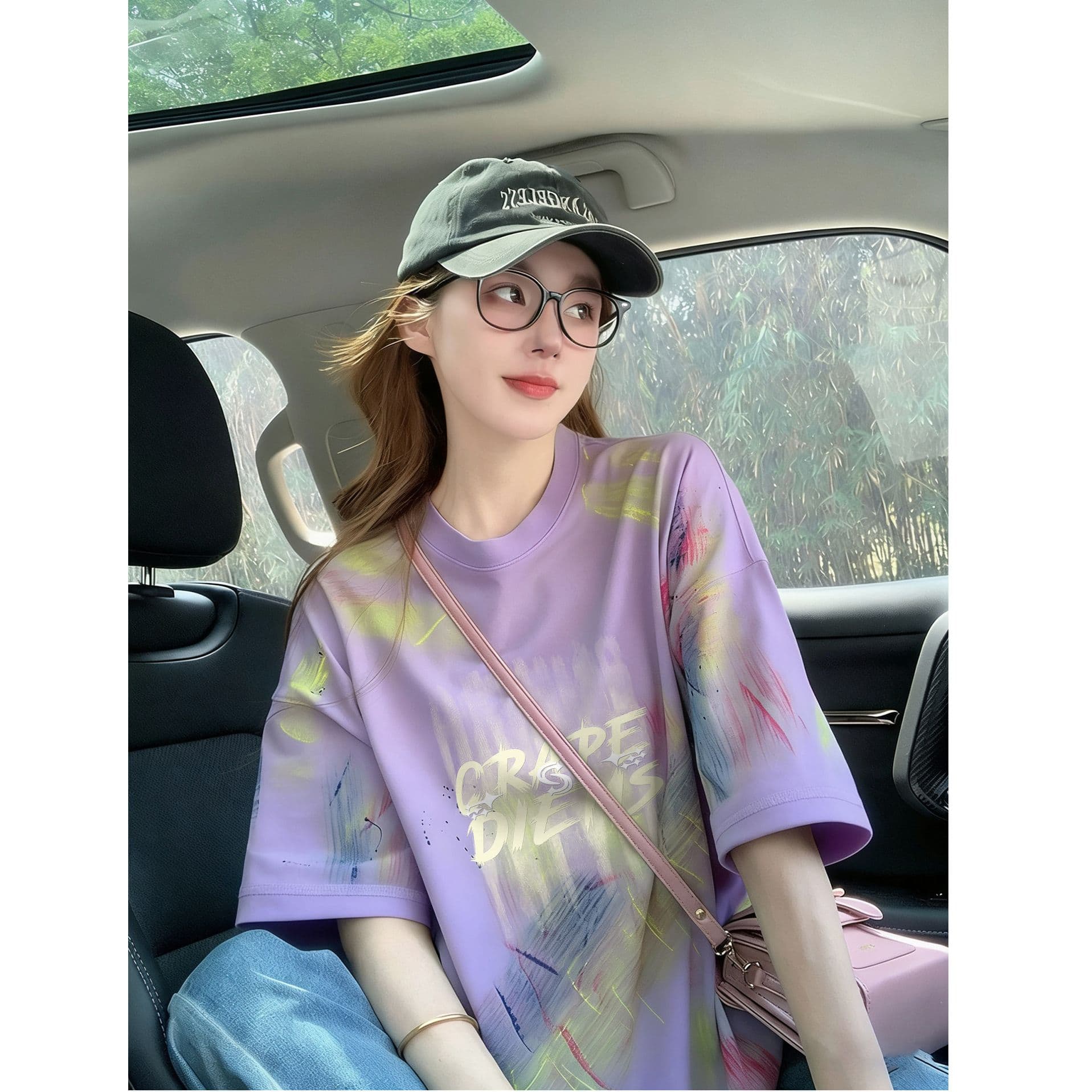 순면 이후 패키지 칼라 홀치기 염색 중간 길이 티셔츠 여성 유럽 상품 외국 가스 프린트 대 에디션 루즈핏 맨위 이미지 5