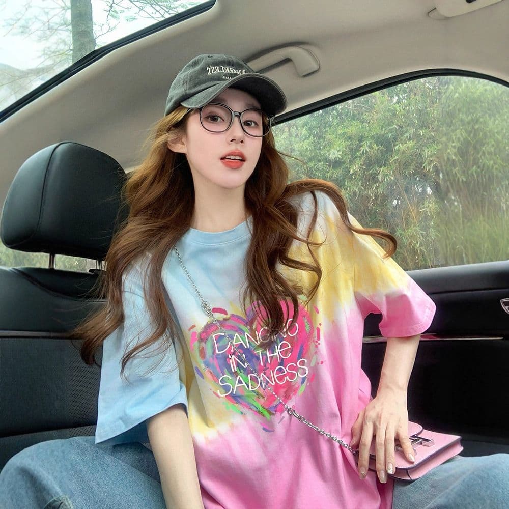 21 순면 음식 털 이후 패키지 칼라 여름 도파민 색상 그라데이션 루즈핏 티셔츠 여성 홀치기 염색 슬림해 보이는 맨위 이미지 4