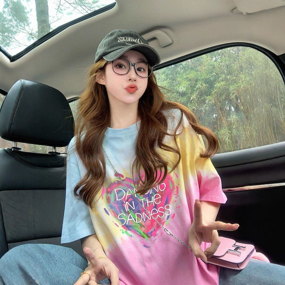 21 순면 음식 털 이후 패키지 칼라 여름 도파민 색상 그라데이션 루즈핏 티셔츠 여성 홀치기 염색 슬림해 보이는 맨위 이미지 5