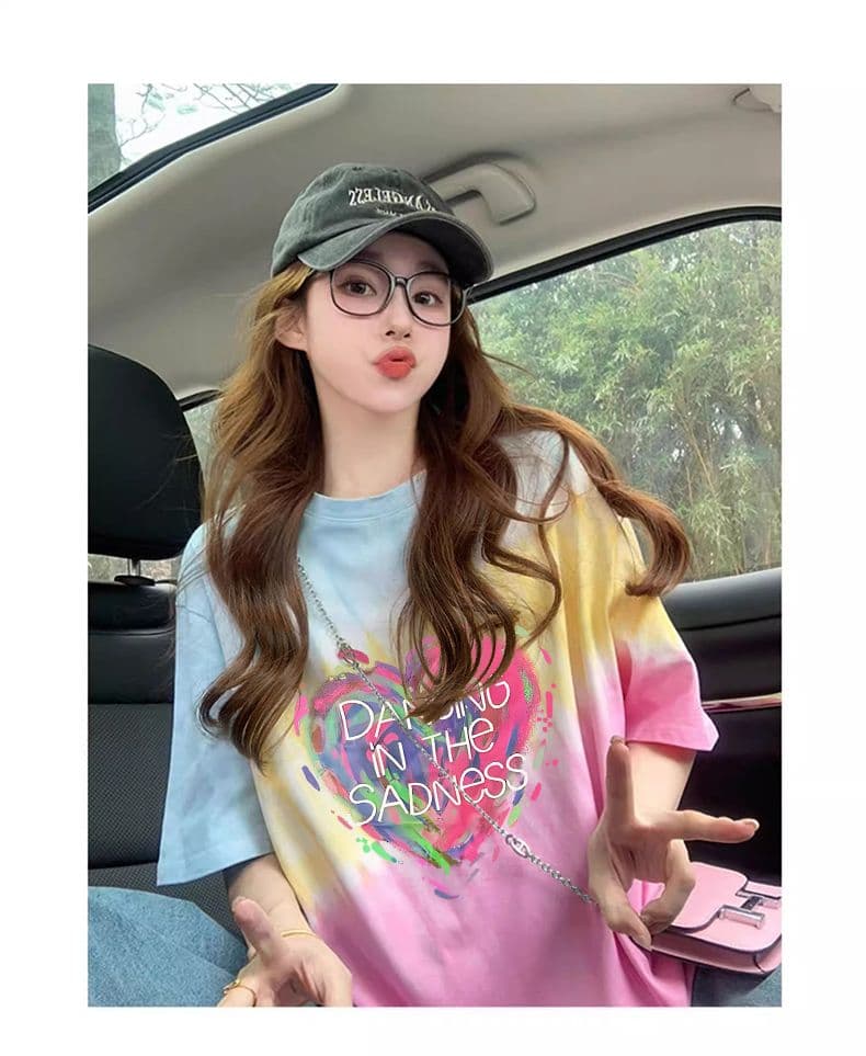 21 순면 음식 털 이후 패키지 칼라 여름 도파민 색상 그라데이션 루즈핏 티셔츠 여성 홀치기 염색 슬림해 보이는 맨위 상세 이미지 5