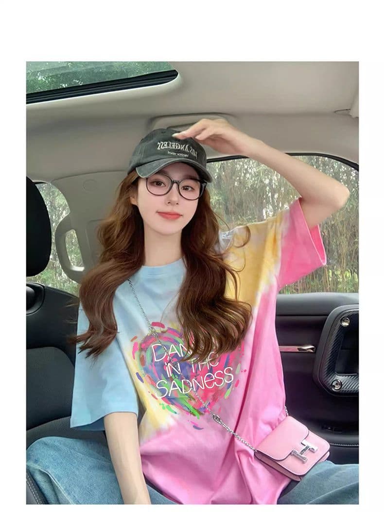 21 순면 음식 털 이후 패키지 칼라 여름 도파민 색상 그라데이션 루즈핏 티셔츠 여성 홀치기 염색 슬림해 보이는 맨위 상세 이미지 6