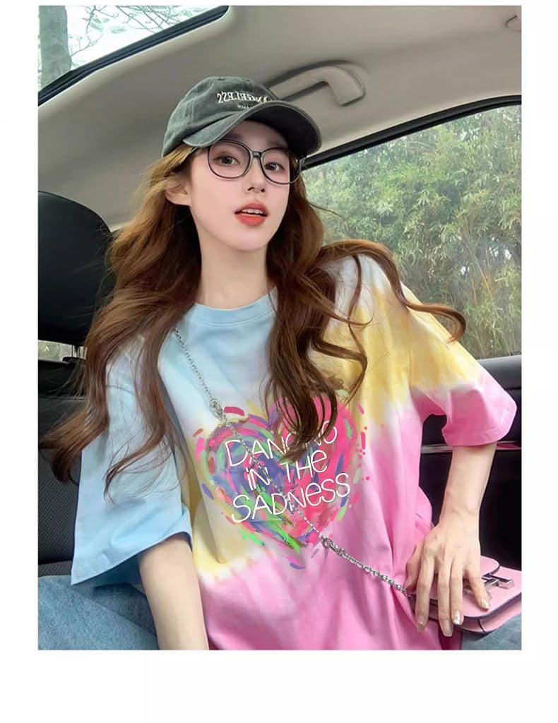 21 순면 음식 털 이후 패키지 칼라 여름 도파민 색상 그라데이션 루즈핏 티셔츠 여성 홀치기 염색 슬림해 보이는 맨위 상세 이미지 7