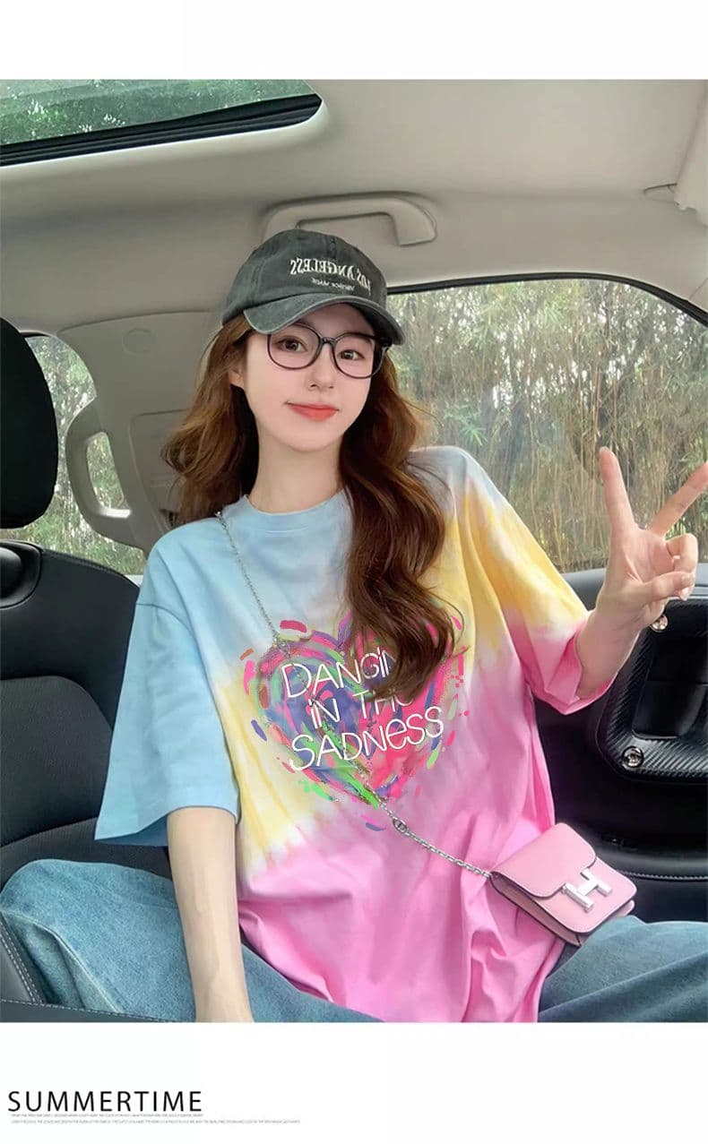 21 순면 음식 털 이후 패키지 칼라 여름 도파민 색상 그라데이션 루즈핏 티셔츠 여성 홀치기 염색 슬림해 보이는 맨위 상세 이미지 8