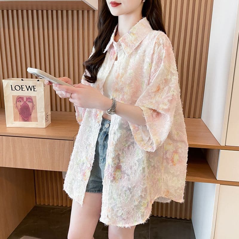 실사 100 폴리 에스터 반팔 여성 셔츠 빅 사이즈 지방 mm 재킷 이미지 5