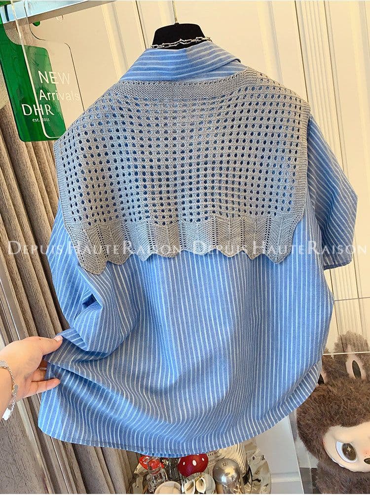 경기 숄 특별 빅 사이즈 200 kg 디자인 센스 숄 스트라이프 반팔 셔츠 상세 이미지 7