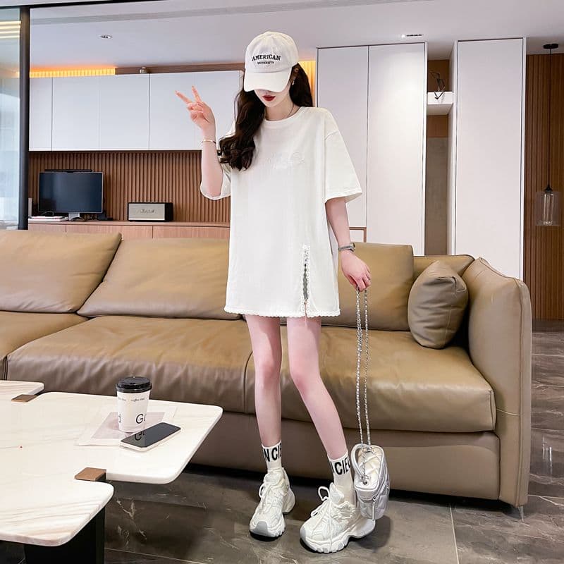 실사 캐주얼 다용도 반팔 티셔츠 여성 레이스 레이스 트임 순면 맨위 상세 이미지 2