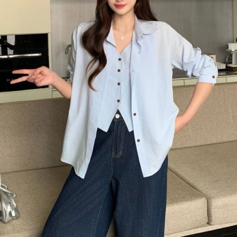 원본 원단 청춘 한국 스타일 페이크 레이어드 셔츠 미니멀리즘 바람 맨위 봄 가을 새로운 빅 사이즈 셔츠 여성 이미지 4