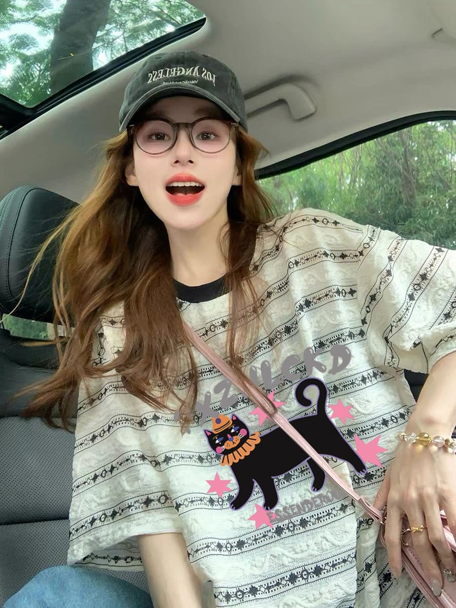 원본 품질 이후 패키지 칼라 빅 사이즈 여성 의류 스트라이프 여름 자카드 프린트 반팔 티셔츠 여성 이미지 4