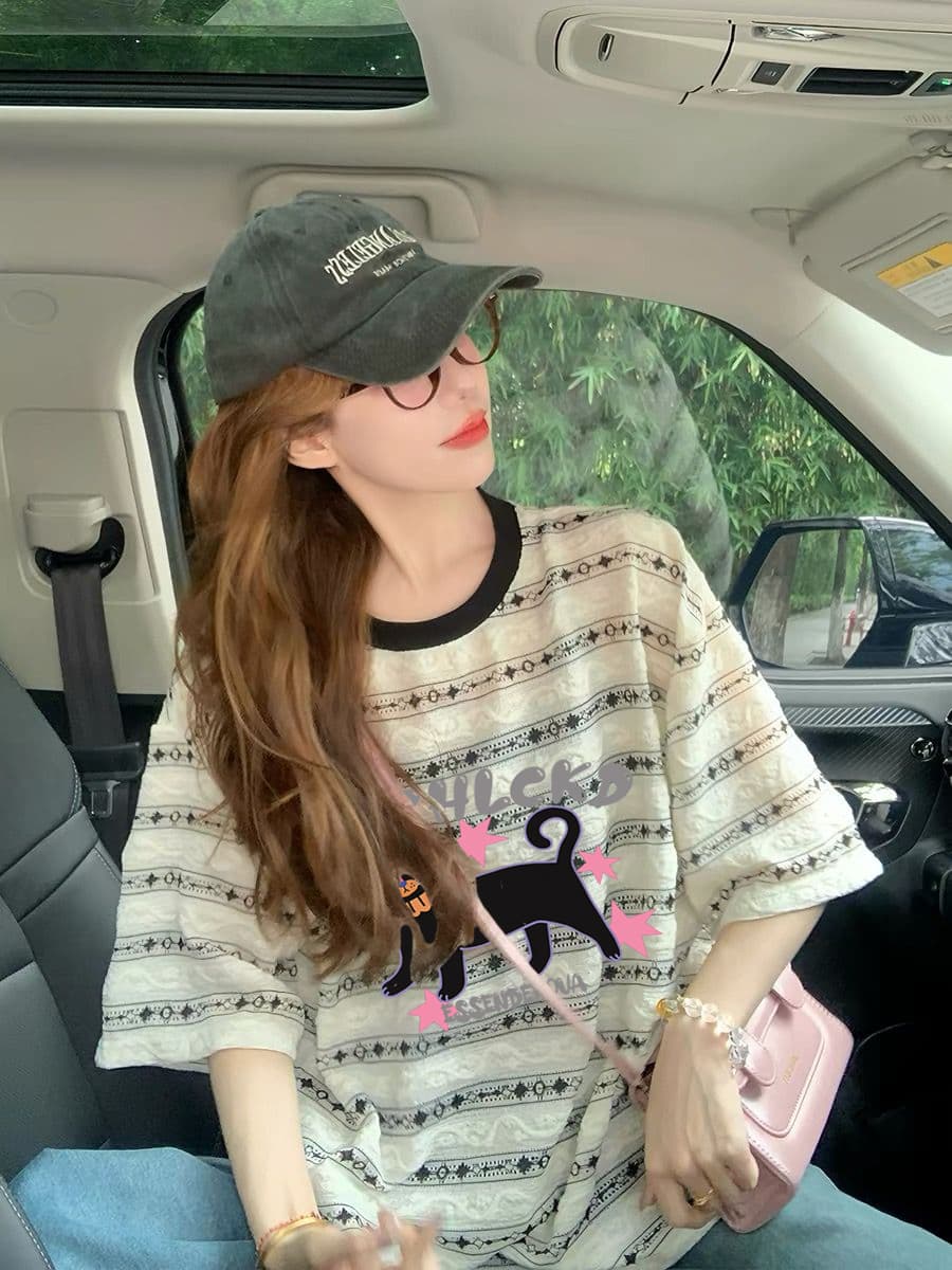 원본 품질 이후 패키지 칼라 빅 사이즈 여성 의류 스트라이프 여름 자카드 프린트 반팔 티셔츠 여성 상세 이미지 5