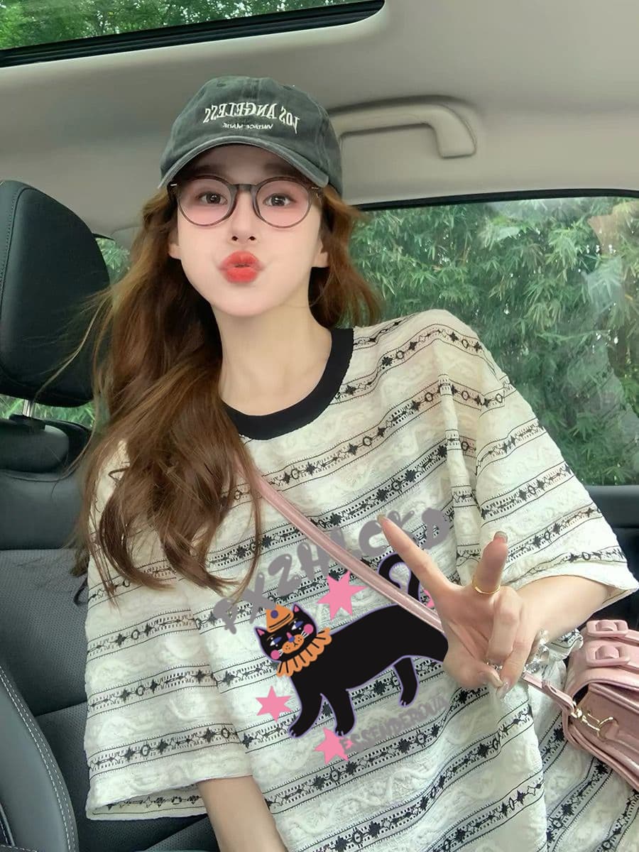 원본 품질 이후 패키지 칼라 빅 사이즈 여성 의류 스트라이프 여름 자카드 프린트 반팔 티셔츠 여성 상세 이미지 6