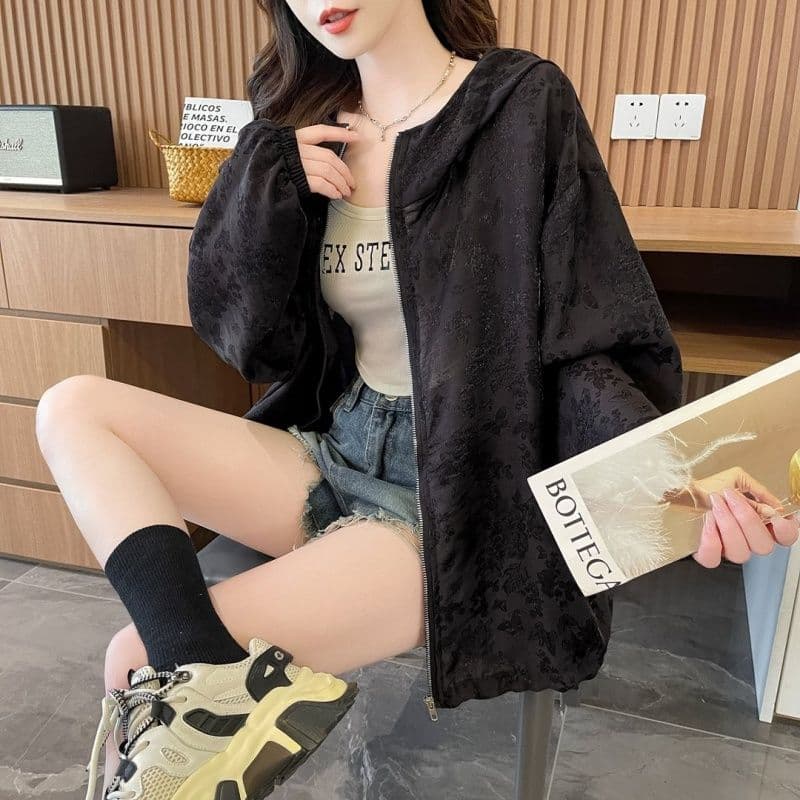 실사 흔들어서 톤 품질 얇고 가벼운 부드럽다 자외선 차단 의류 후드 지퍼 여성 코트 봄 가을 새로운 맨위 외부 가져 가라. 여성 상세 이미지 21