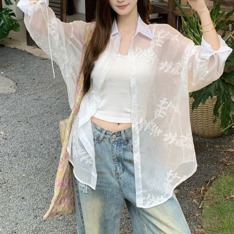 원본 원단 솜씨 자수 마이크로 ~을 통해 자외선 차단 긴팔 여성 셔츠 루즈핏 느긋한 바람 맨위 외부 가져 가라. 여성 이미지 3