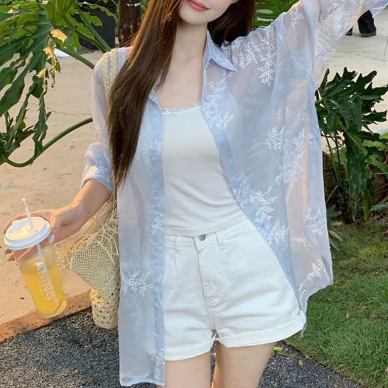 원본 원단 솜씨 자수 마이크로 ~을 통해 자외선 차단 긴팔 여성 셔츠 루즈핏 느긋한 바람 맨위 외부 가져 가라. 여성