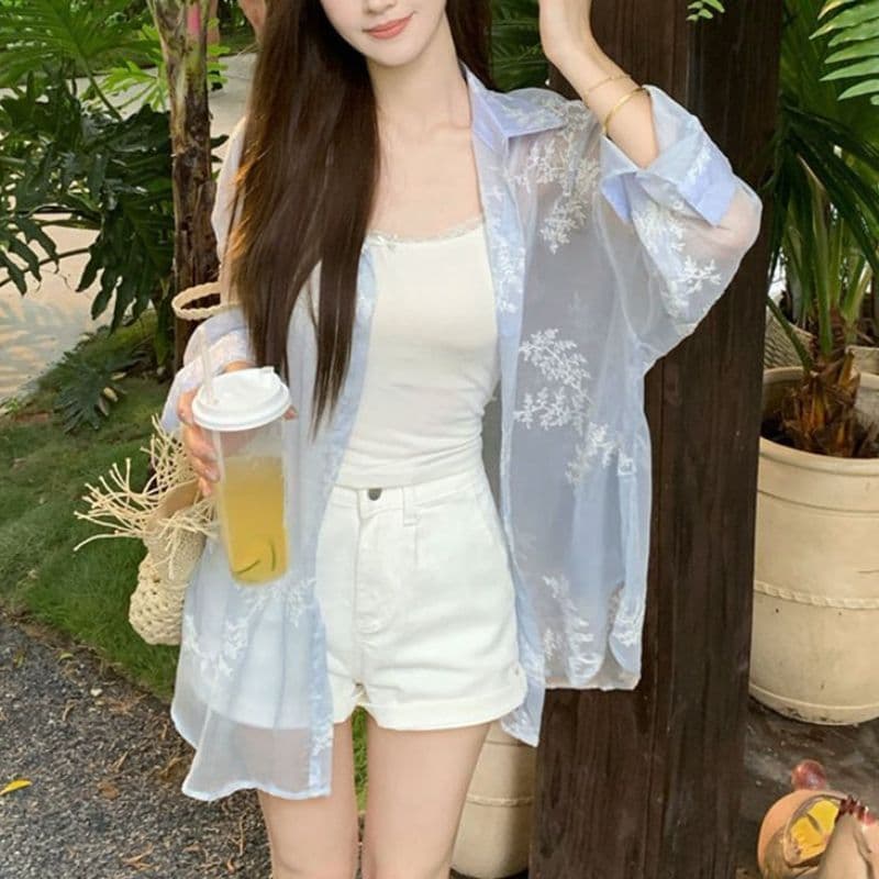 원본 원단 솜씨 자수 마이크로 ~을 통해 자외선 차단 긴팔 여성 셔츠 루즈핏 느긋한 바람 맨위 외부 가져 가라. 여성 이미지 4