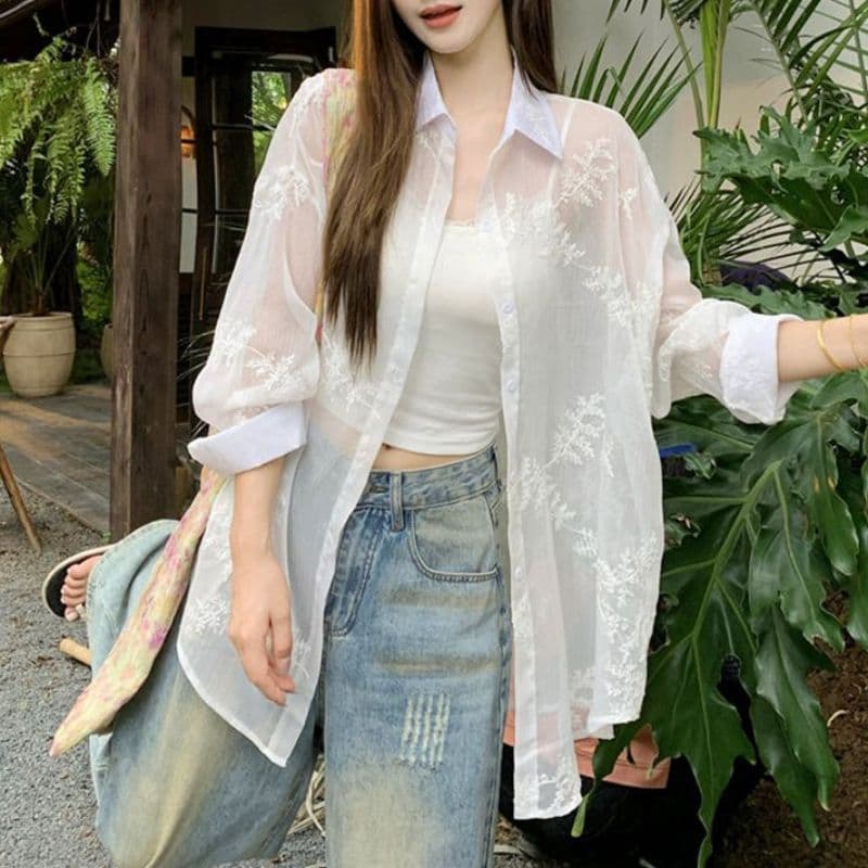 원본 원단 솜씨 자수 마이크로 ~을 통해 자외선 차단 긴팔 여성 셔츠 루즈핏 느긋한 바람 맨위 외부 가져 가라. 여성 이미지 2