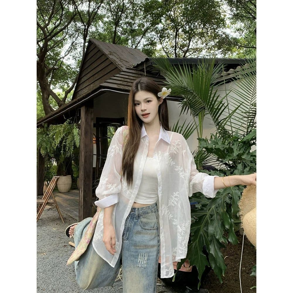 원본 원단 솜씨 자수 마이크로 ~을 통해 자외선 차단 긴팔 여성 셔츠 루즈핏 느긋한 바람 맨위 외부 가져 가라. 여성 상세 이미지 2