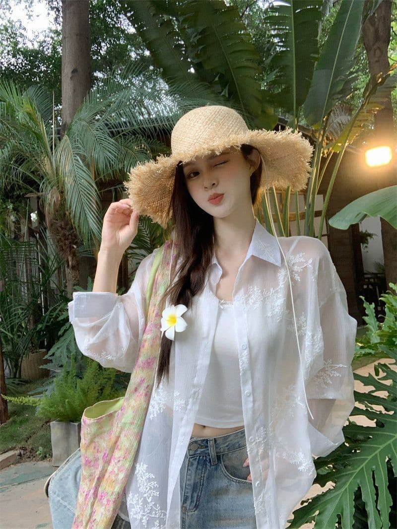 원본 원단 솜씨 자수 마이크로 ~을 통해 자외선 차단 긴팔 여성 셔츠 루즈핏 느긋한 바람 맨위 외부 가져 가라. 여성 상세 이미지 9