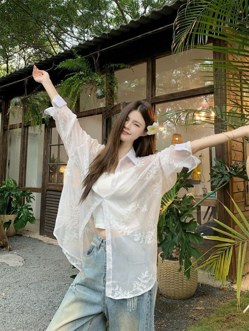 원본 원단 솜씨 자수 마이크로 ~을 통해 자외선 차단 긴팔 여성 셔츠 루즈핏 느긋한 바람 맨위 외부 가져 가라. 여성 상세 이미지 10