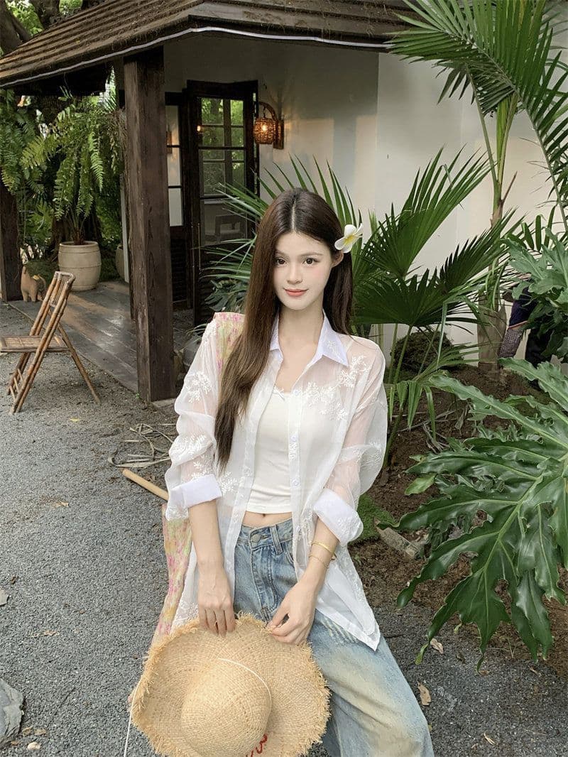 원본 원단 솜씨 자수 마이크로 ~을 통해 자외선 차단 긴팔 여성 셔츠 루즈핏 느긋한 바람 맨위 외부 가져 가라. 여성 상세 이미지 13