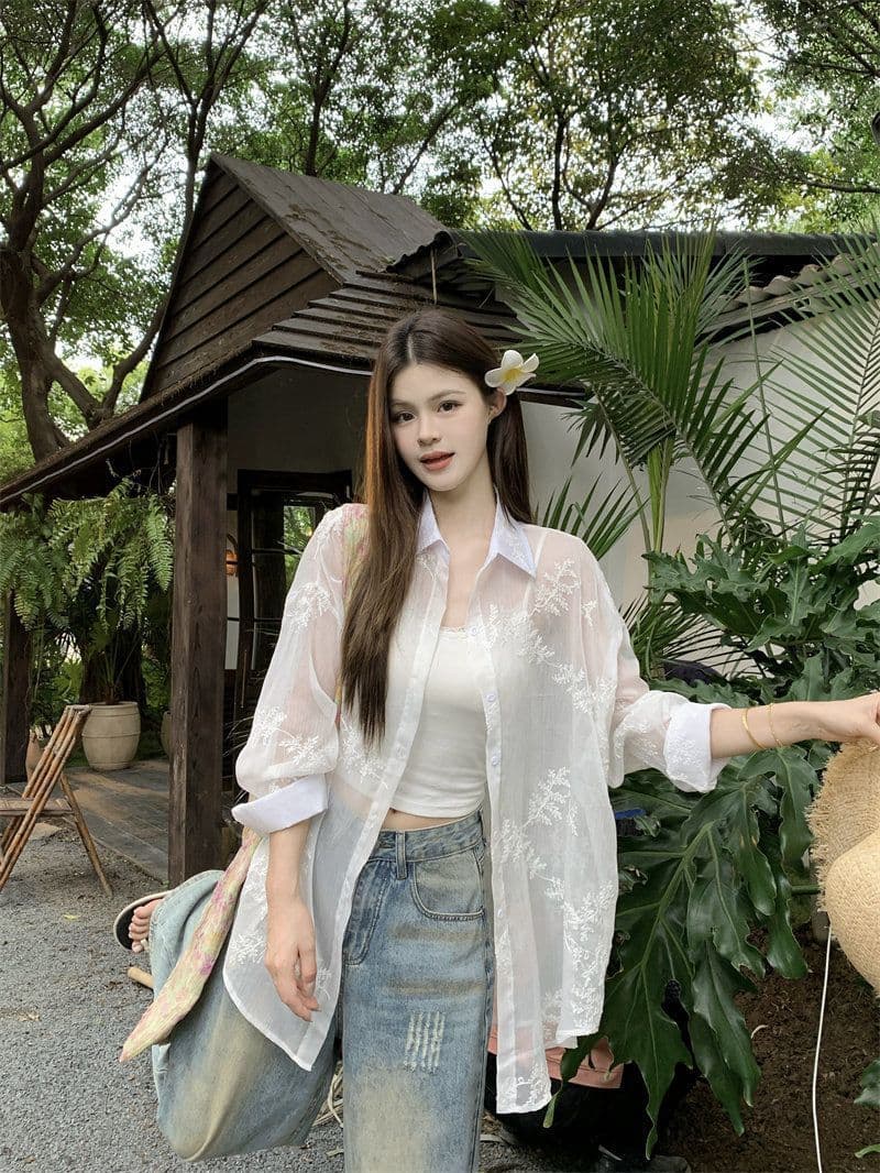 원본 원단 솜씨 자수 마이크로 ~을 통해 자외선 차단 긴팔 여성 셔츠 루즈핏 느긋한 바람 맨위 외부 가져 가라. 여성 상세 이미지 15