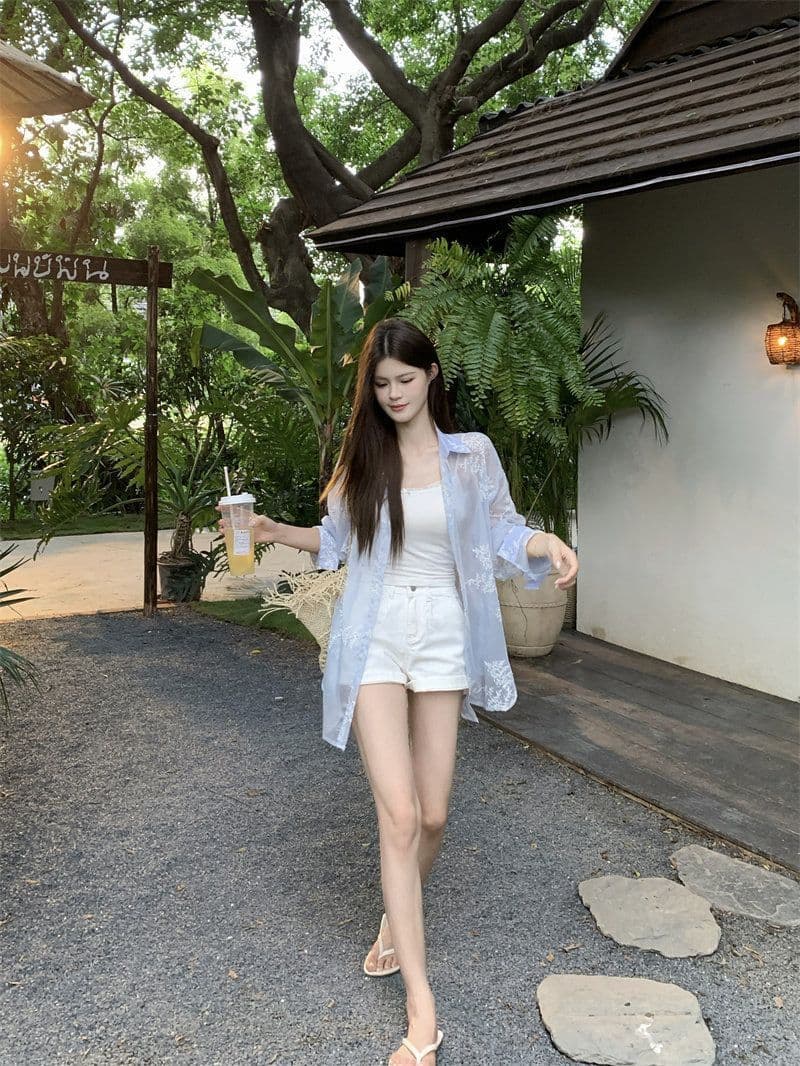 원본 원단 솜씨 자수 마이크로 ~을 통해 자외선 차단 긴팔 여성 셔츠 루즈핏 느긋한 바람 맨위 외부 가져 가라. 여성 상세 이미지 31