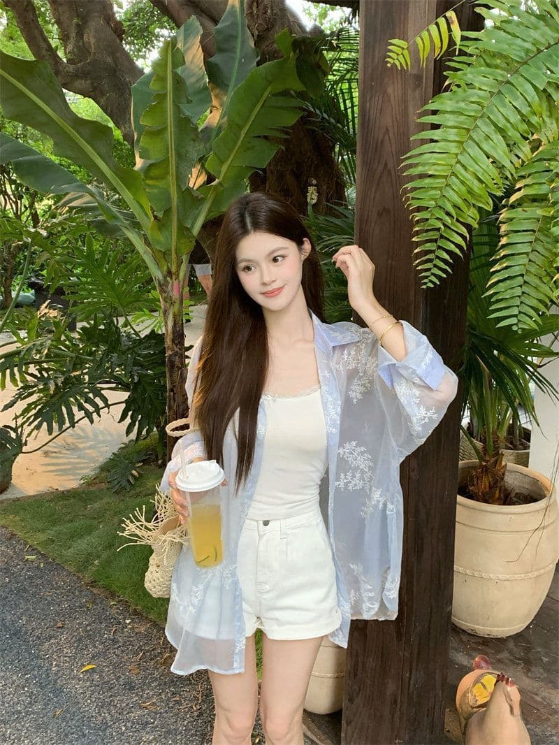 원본 원단 솜씨 자수 마이크로 ~을 통해 자외선 차단 긴팔 여성 셔츠 루즈핏 느긋한 바람 맨위 외부 가져 가라. 여성 상세 이미지 32