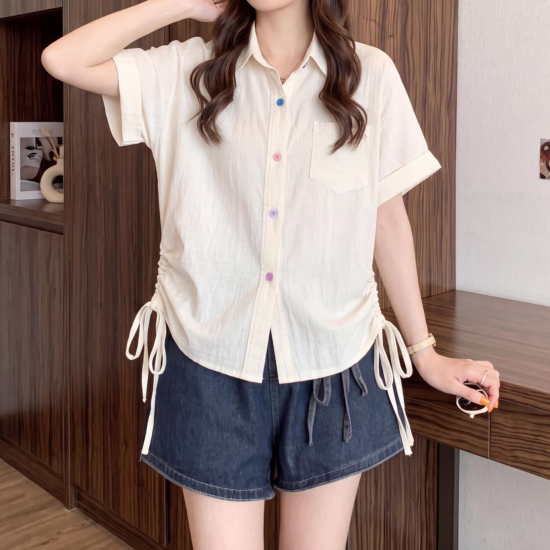 원본 원단 여름 새로운 한국 스타일 민소매 빅 사이즈 펌프 로프 디자인 POLO 칼라 셔츠 연령 감소 맨위 상세 이미지 12