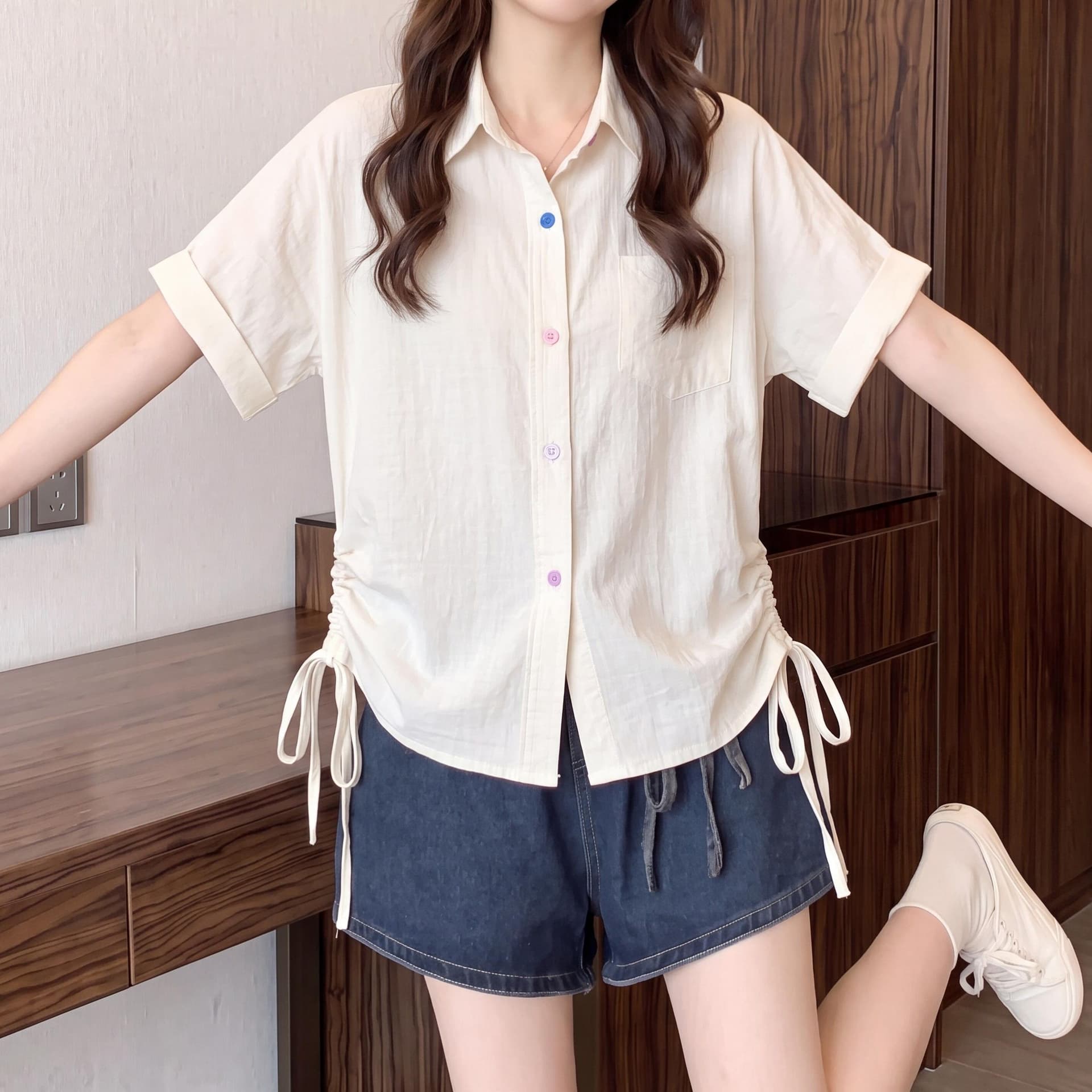 원본 원단 여름 새로운 한국 스타일 민소매 빅 사이즈 펌프 로프 디자인 POLO 칼라 셔츠 연령 감소 맨위 상세 이미지 13