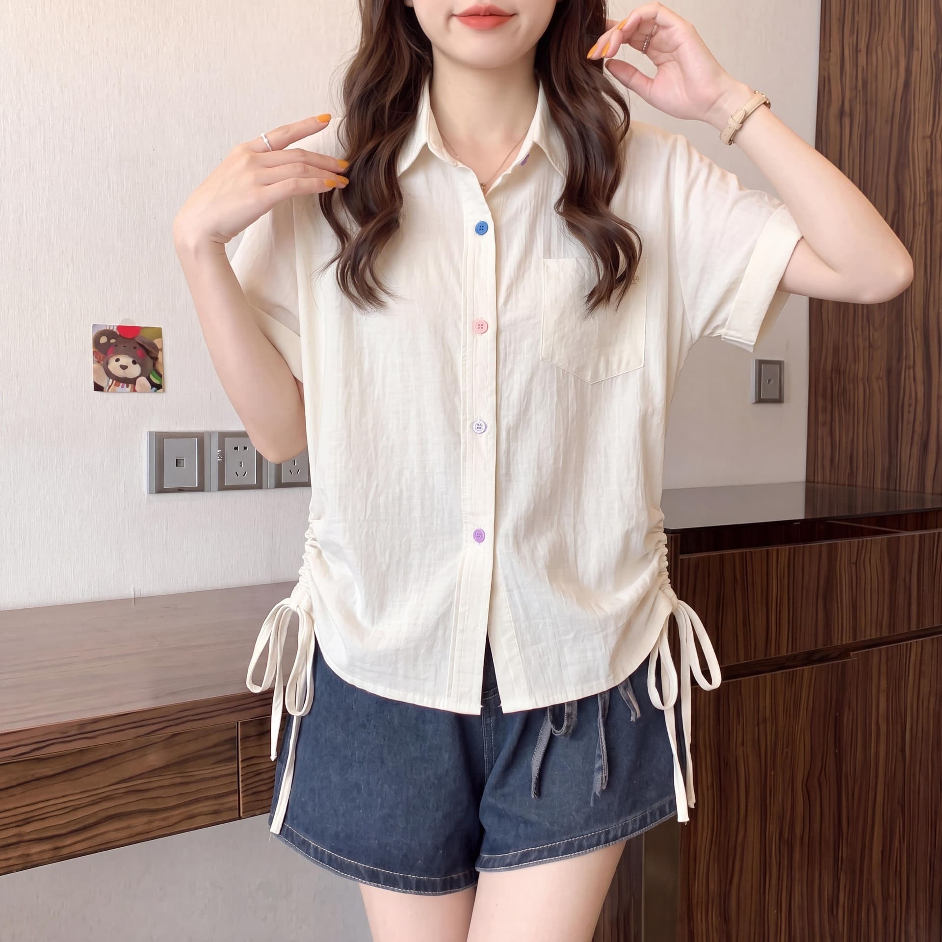 원본 원단 여름 새로운 한국 스타일 민소매 빅 사이즈 펌프 로프 디자인 POLO 칼라 셔츠 연령 감소 맨위 상세 이미지 15