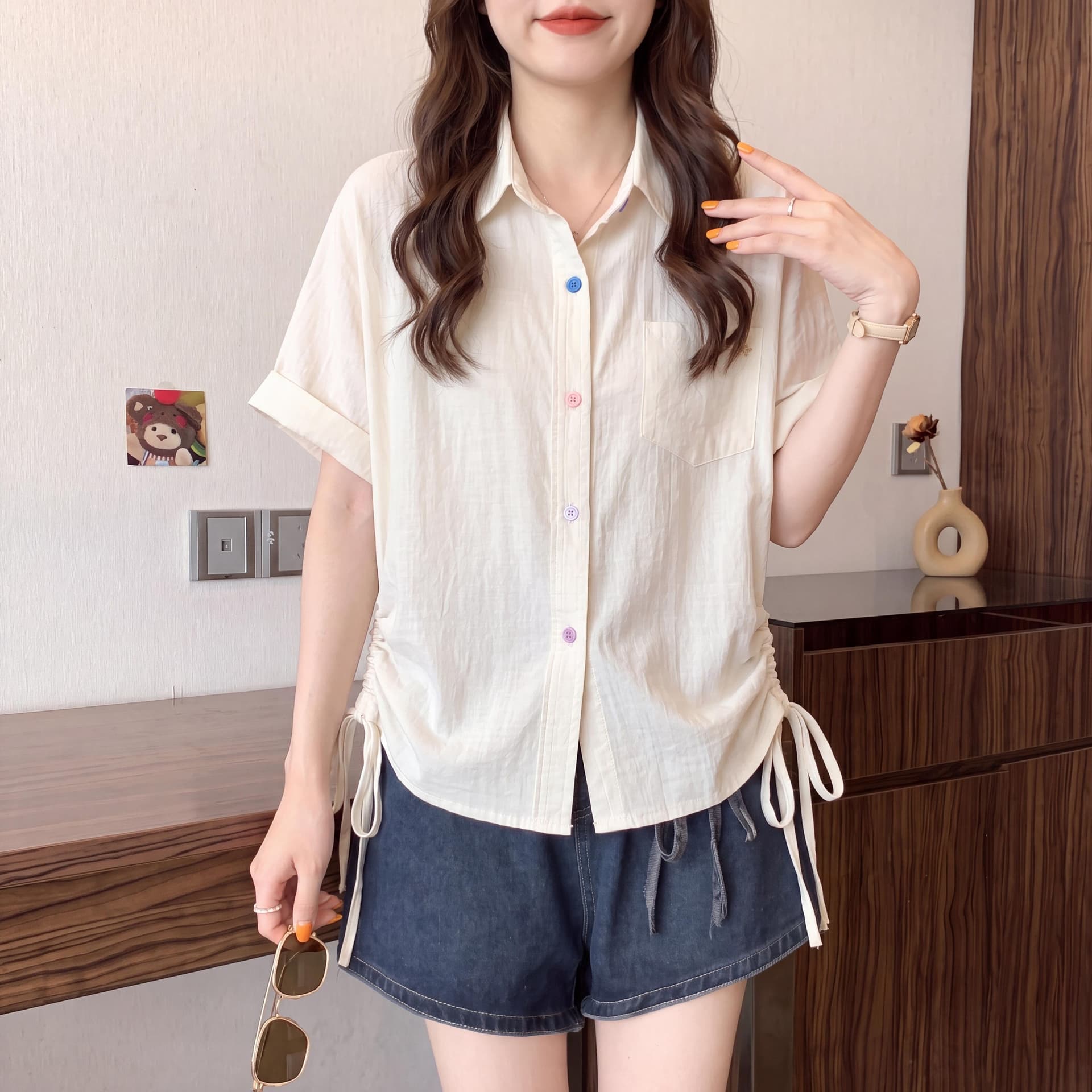 원본 원단 여름 새로운 한국 스타일 민소매 빅 사이즈 펌프 로프 디자인 POLO 칼라 셔츠 연령 감소 맨위 상세 이미지 16