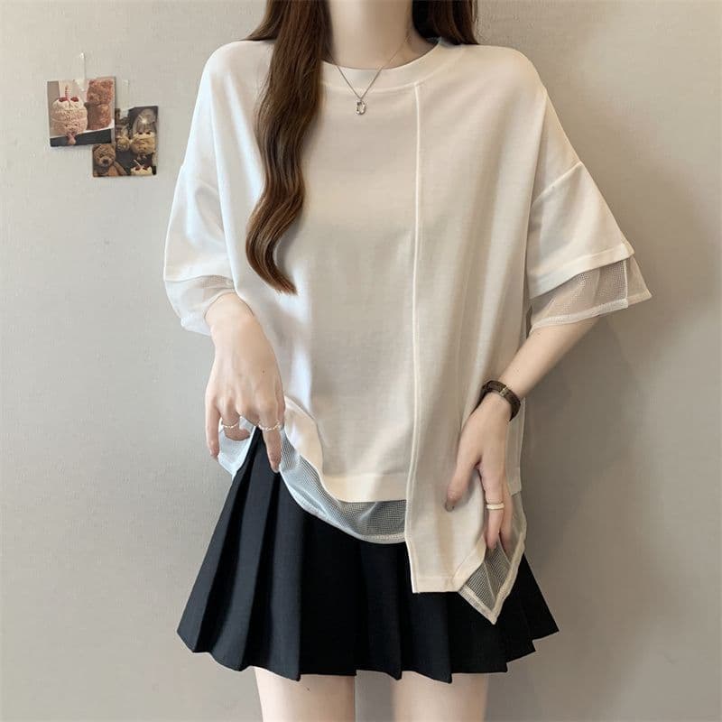 21 순면 여름 새로운 단색 패치워크 망사 반팔 티셔츠 불규칙 느긋한 바람 빅 사이즈 맨위 상세 이미지 6