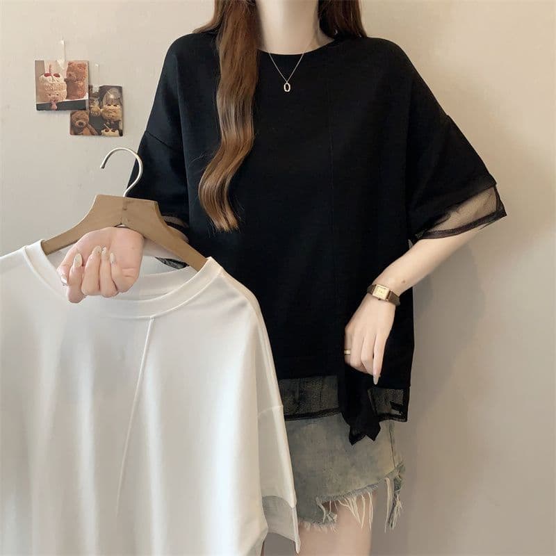 21 순면 여름 새로운 단색 패치워크 망사 반팔 티셔츠 불규칙 느긋한 바람 빅 사이즈 맨위 상세 이미지 11
