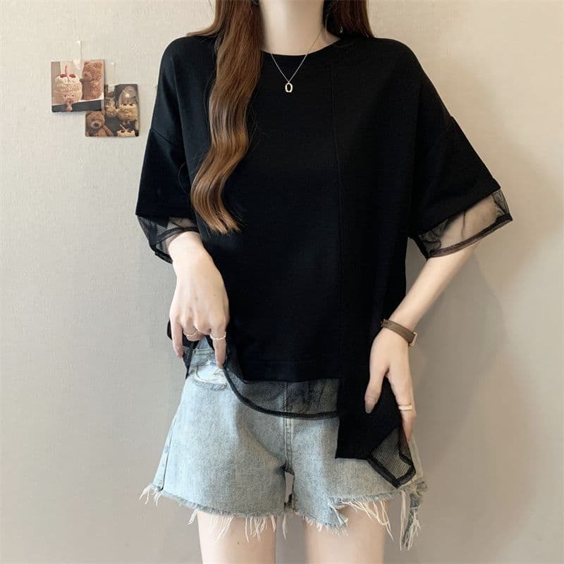 21 순면 여름 새로운 단색 패치워크 망사 반팔 티셔츠 불규칙 느긋한 바람 빅 사이즈 맨위 상세 이미지 12