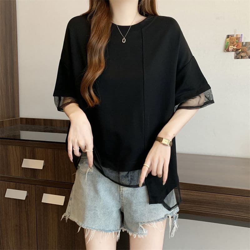 21 순면 여름 새로운 단색 패치워크 망사 반팔 티셔츠 불규칙 느긋한 바람 빅 사이즈 맨위 상세 이미지 14