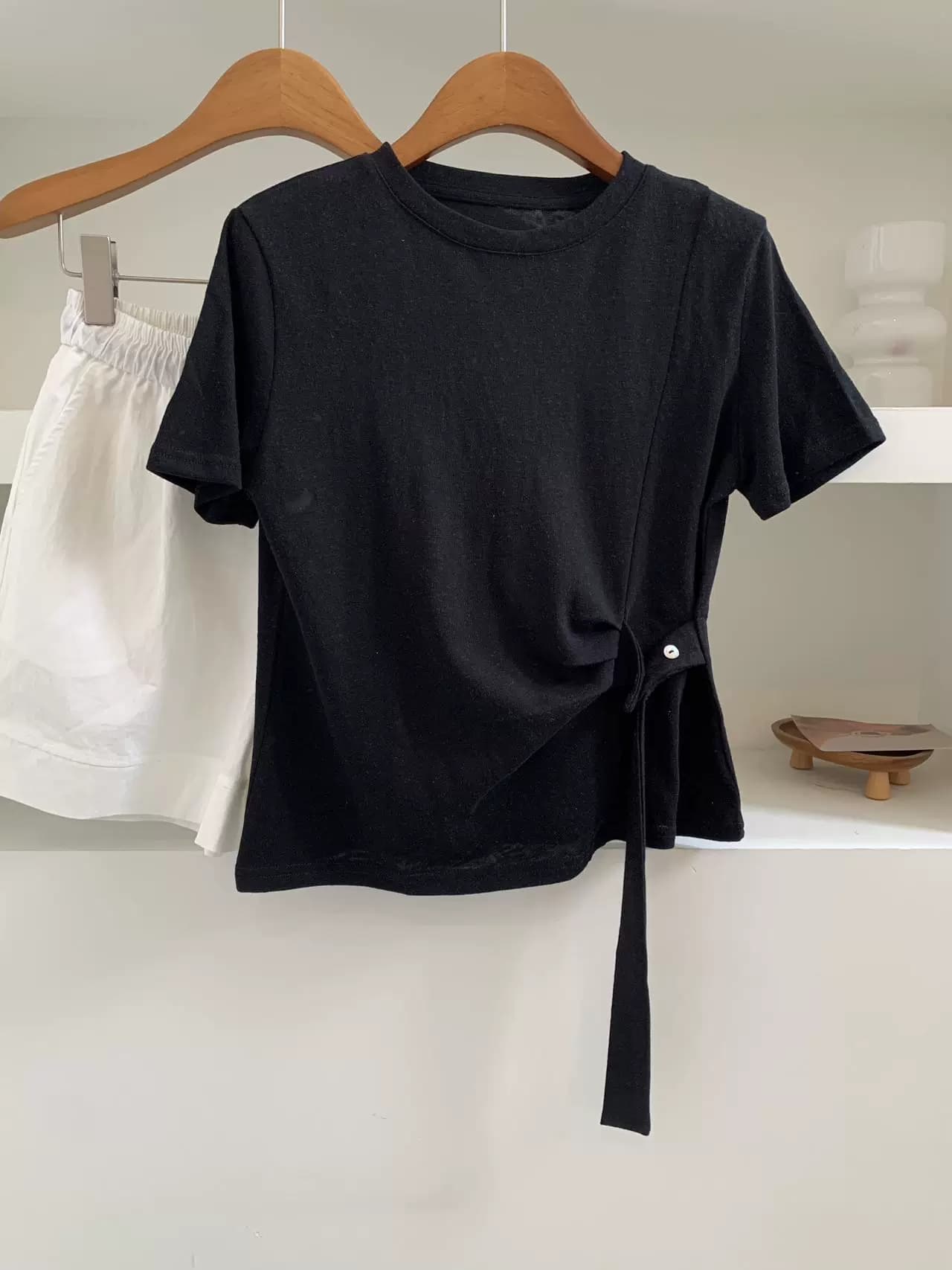 눈꽃 면 특별 빅 사이즈 200 kg 디자인 센스 리본 불규칙 핀치 Pleat 허리 수축 반팔 상세 이미지 2