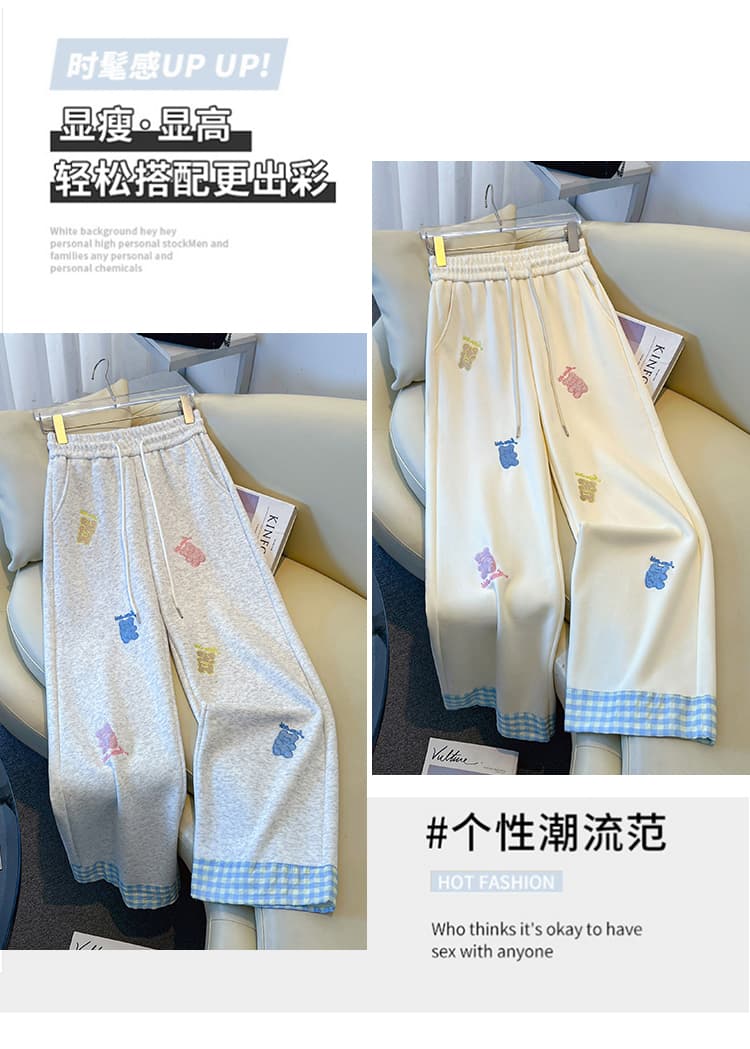 실사 여름 만화 자수 바지 체크무늬 패치워크 캐주얼 운동 바지 작은 키 좁은 에디션 스트레이트 팬츠 상세 이미지 2