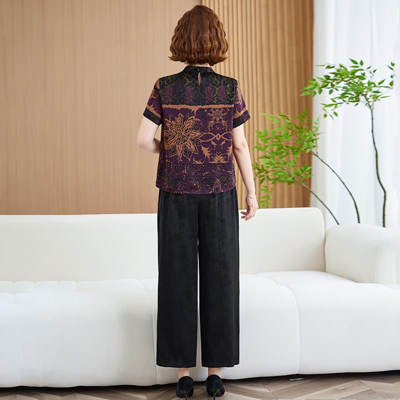 새로운 중식 실크 반팔 여름 드레스 스탠드 칼라 레트로 프린트 루즈핏 연령 감소 뽕나무 누에 실크 맨위 와이드 레그 팬츠 세트 이미지 4