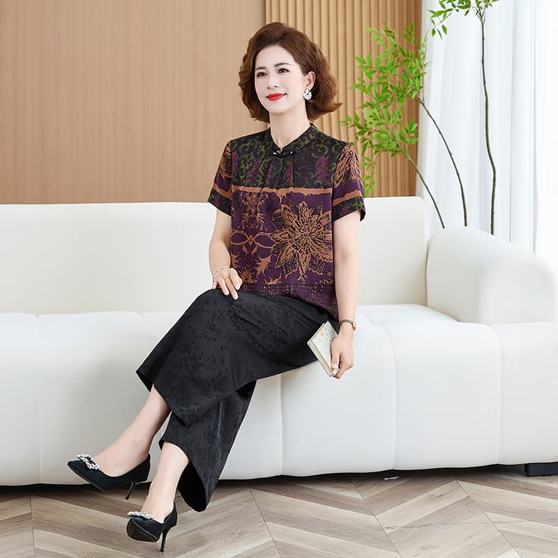 새로운 중식 실크 반팔 여름 드레스 스탠드 칼라 레트로 프린트 루즈핏 연령 감소 뽕나무 누에 실크 맨위 와이드 레그 팬츠 세트 이미지 5