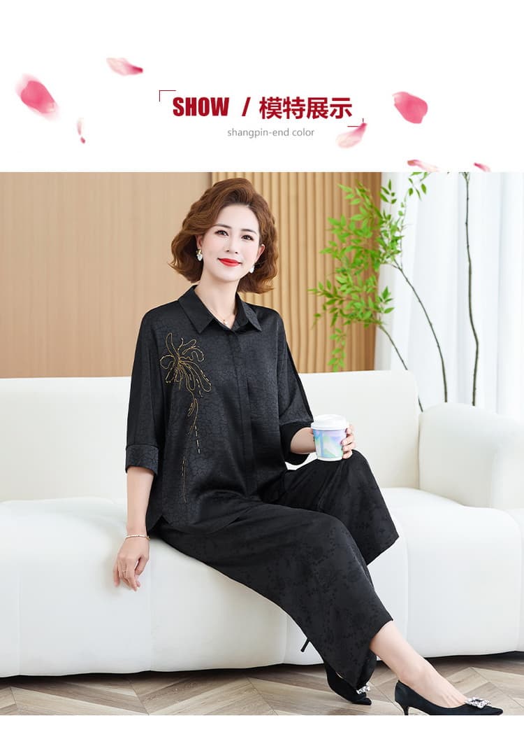 검정색 거북이 균열 실크 셔츠 루즈핏 캐주얼 대기 자수 비즈 박기 뽕나무 누에 실크 맨위 와이드 레그 팬츠 세트 상세 이미지 8