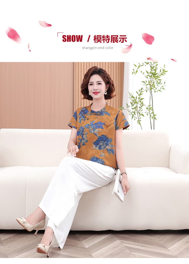 루즈핏 여름 새로운 새로운 중식 프린트 단추 반팔 맨위 외국 가스 와이드 레그 팬츠 세트 상세 이미지 7