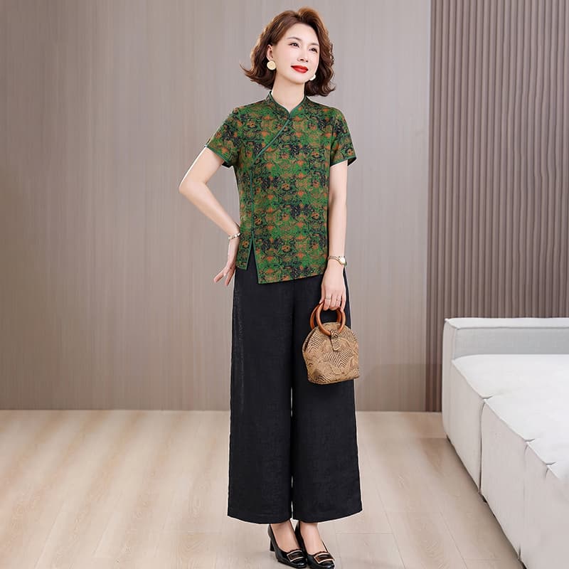 실크 꽃 루오 샹윈사 반팔 맨위 여성 뽕나무 누에 실크 국풍 영 어머니 드레스 투피스 세트 세트 이미지 4